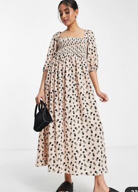Lola May Petite shirred bust midi smock dress in polka dot NWT Size UK 12